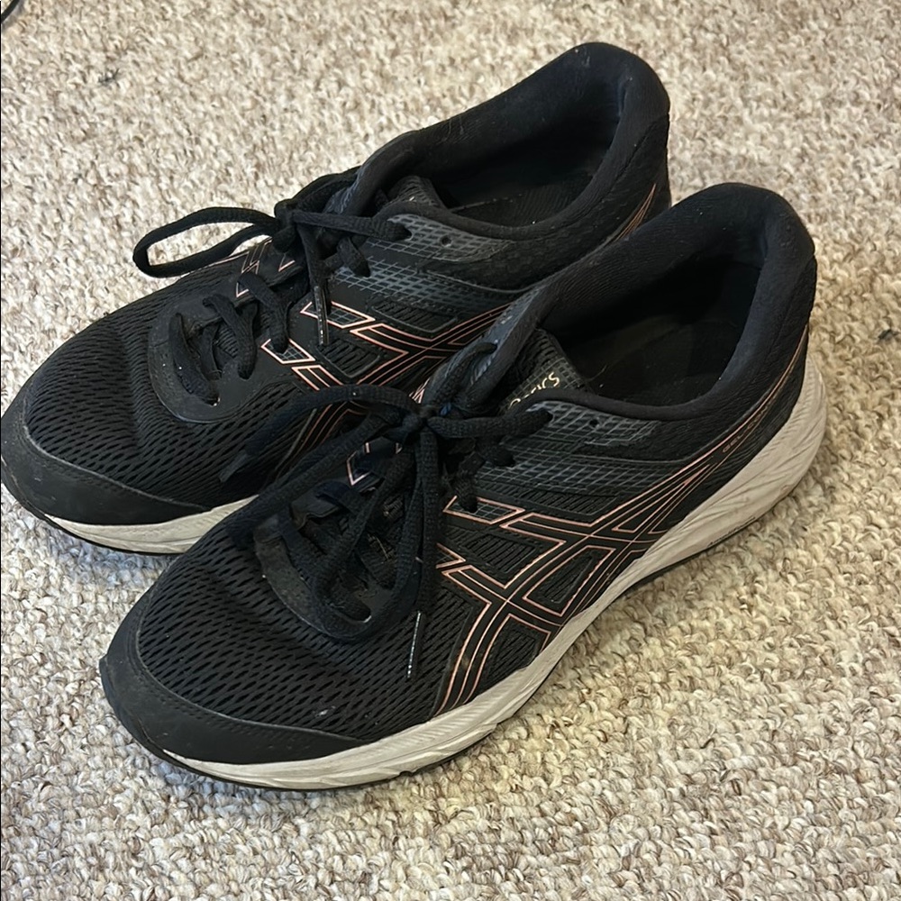 Asics Black and Rose Gold Sneakers with Breathable Mesh, Cushioned Midsole 8.5